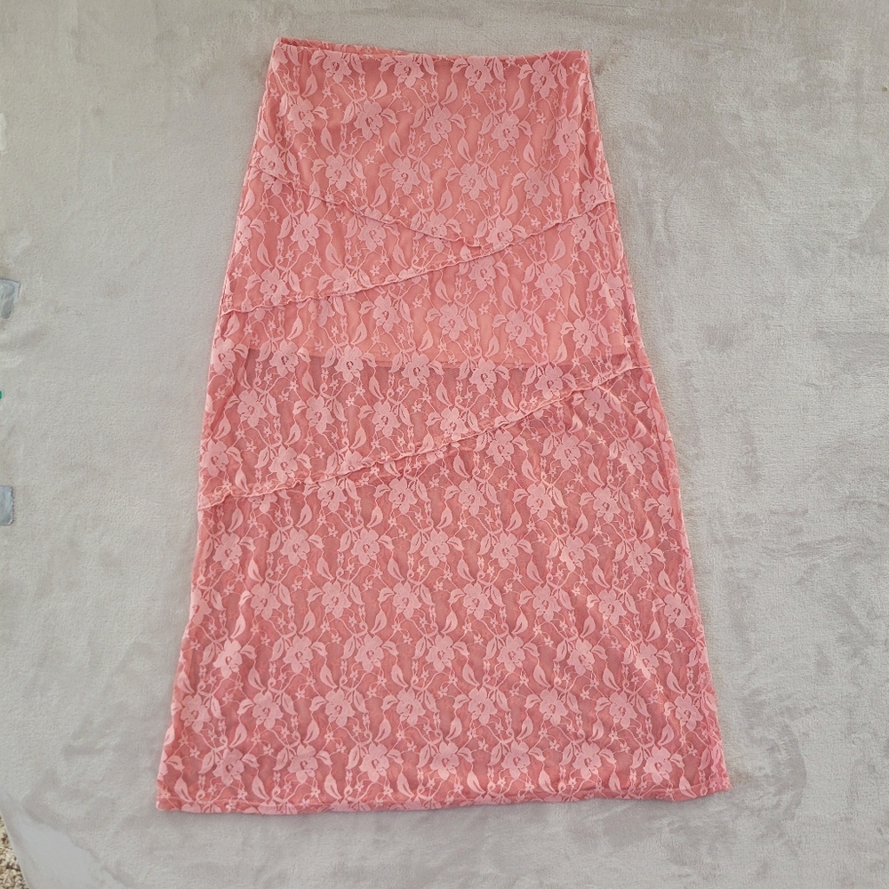 Pink Lace Overlay Maxi Skirt Large Fairycore Stretchy Whimsigoth